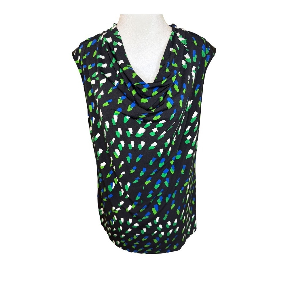 Chaus‎ Cowl Neck Sleeveless Blouse Abstract Print Top Black Green Blue Medium